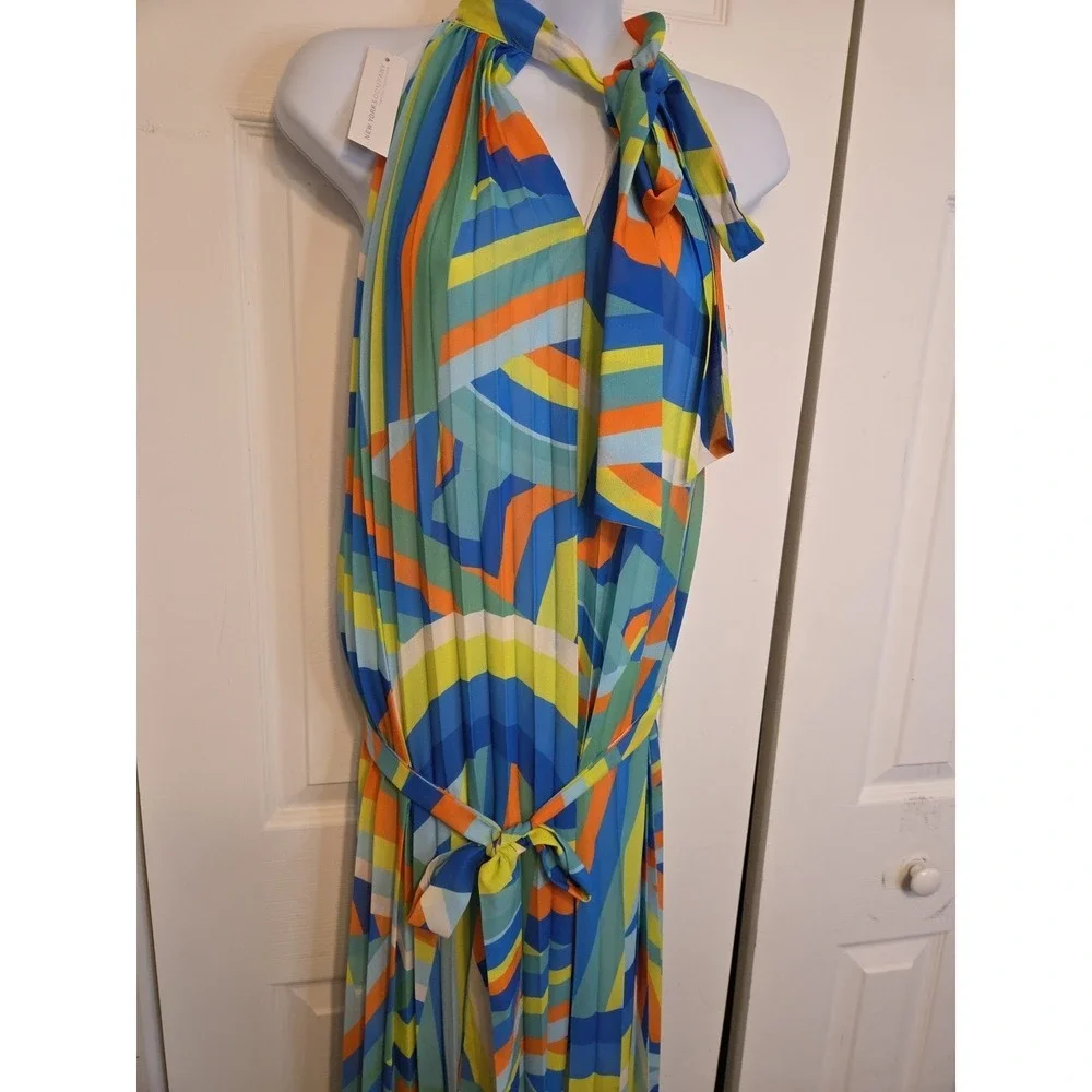 New York & Company‎ Flying Tomato L Rainbow Stripe Halter Maxi Dress Boho NEW